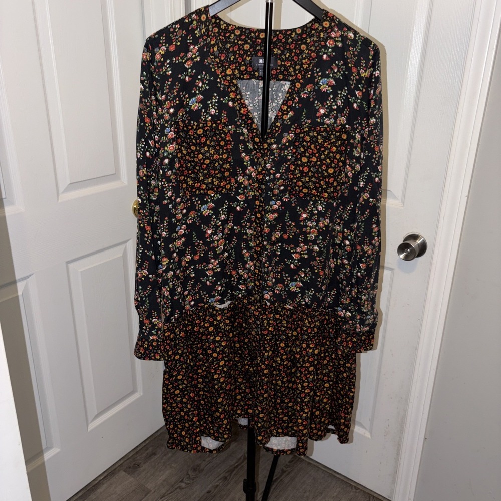 Maeve Anthropologie Floral V Neck Marlie Button Front Long Sleeve Tunic Dress 10